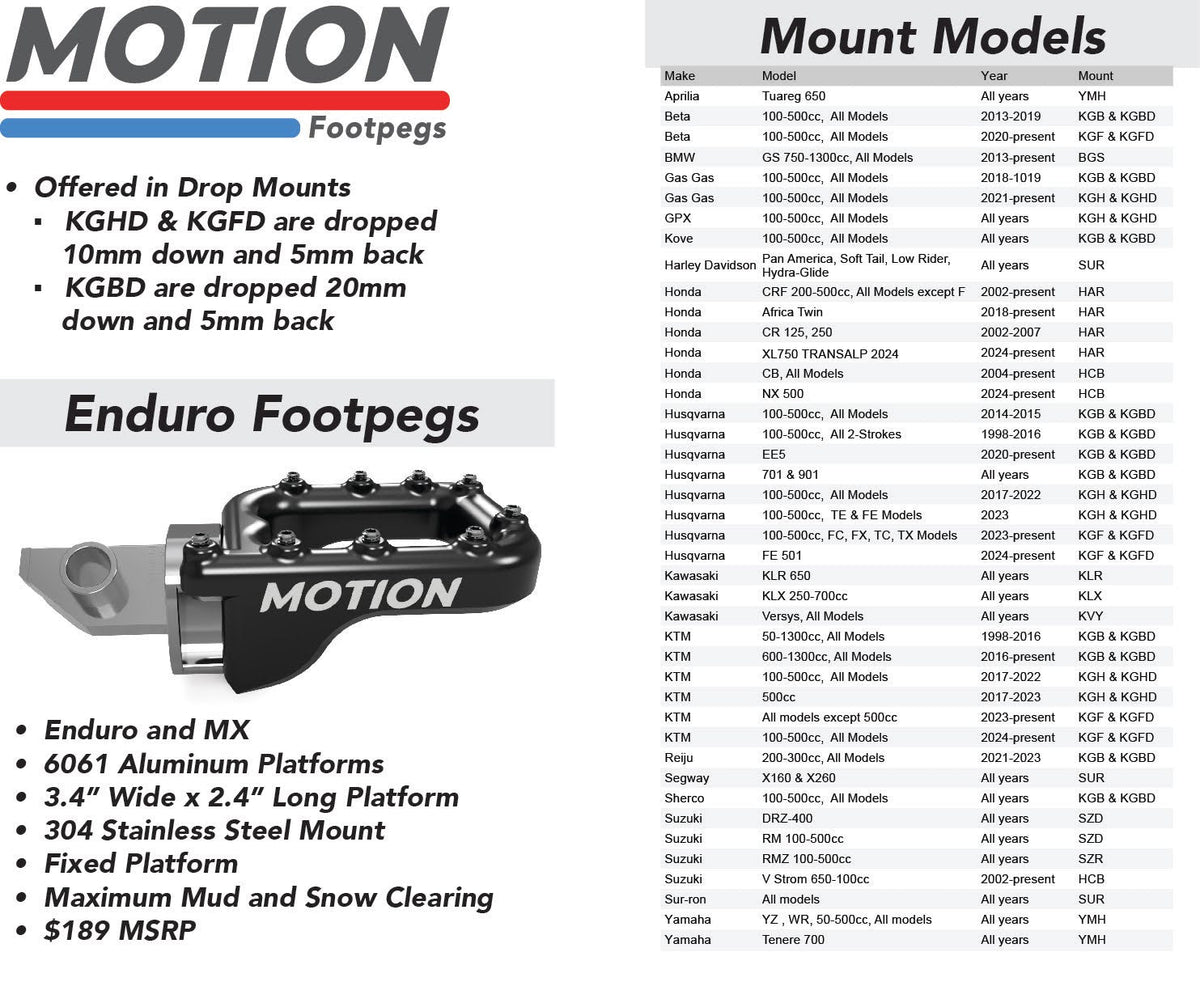 REPOSE-PIEDS FLEX-MOUNT ABAISSÉS MOTION FACTORY RACING KTM / HUSQVARNA / GAS GAS 2023+ - BETA 2020+ (KGFD)