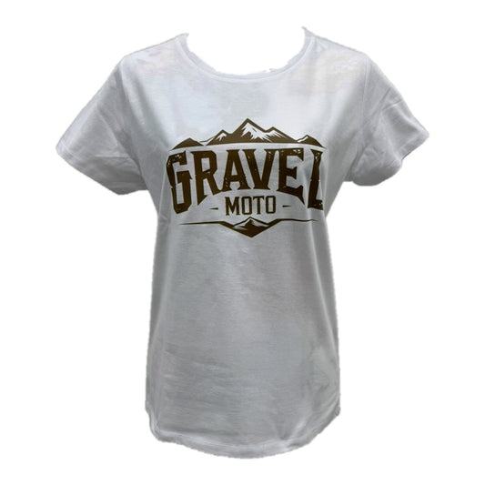 Tee shirt femme Gravel Moto logo montagne blanc imprimé marron